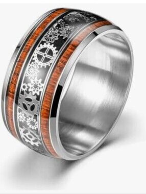 Koa Wood Gear Inlay Band Ring 925 Silver Industrial Mechanical Clockwork Ring